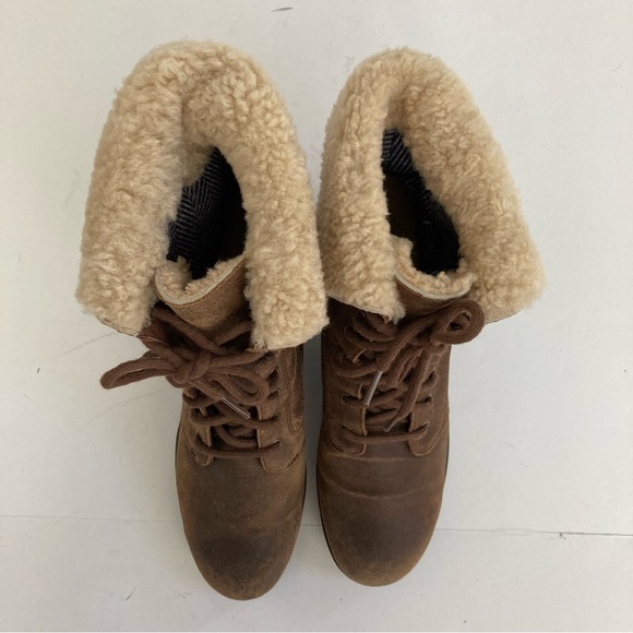 UGG Zea Suede Lace Up Wedge Boot Waterproof Shearling Cuff Brown Leather 10 - Picture 4 of 15